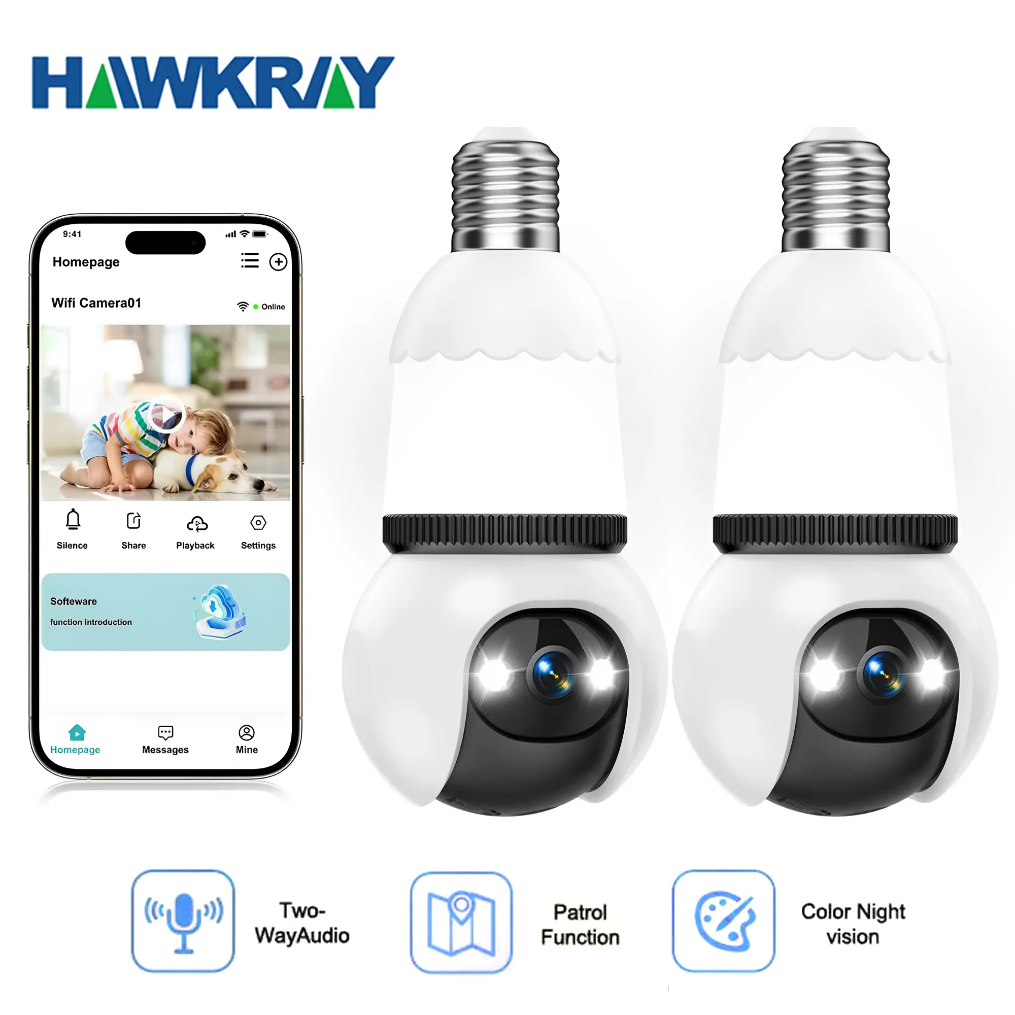 Hawkray Wireless Infrared Night Vision Digital Security Camera - Socket Installation, 360° Remote Viewing, Motion Detection, Real-Time Alerts, 2-Way Audio, Indoor/Outdoor Use, Light Bulb Cord Protection, Cameras for Home, Digital Camera