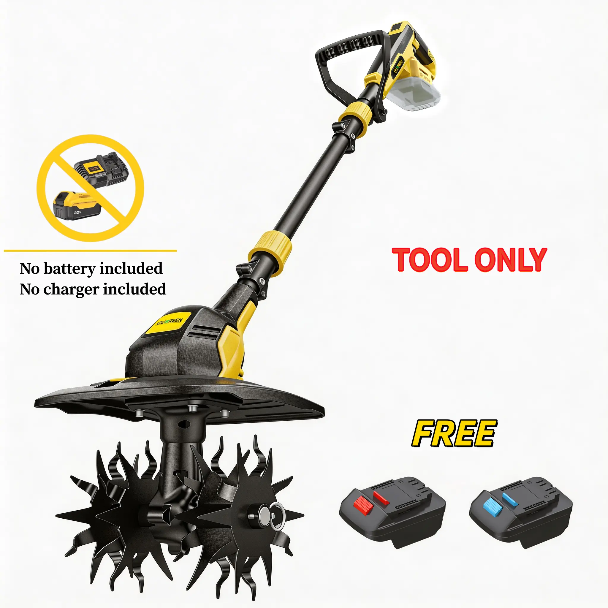 Cordless tiller compatible with DeWalt/Makita/Milwaukee 20V MAX battery packs, 9-inch width, 7-inch depth, suitable for home gardening weeding, 360 RPM rotation speed (tool only). Power