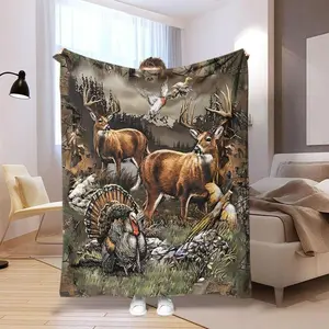 Animal Pattern Blanket, 1 Count Camouflage Deer & Turkey & Duck Pattern Blanket, Soft Warm Throw Blanket for Home Office Travel Camping, Figure Print Blanket, Machine Washable Blanket