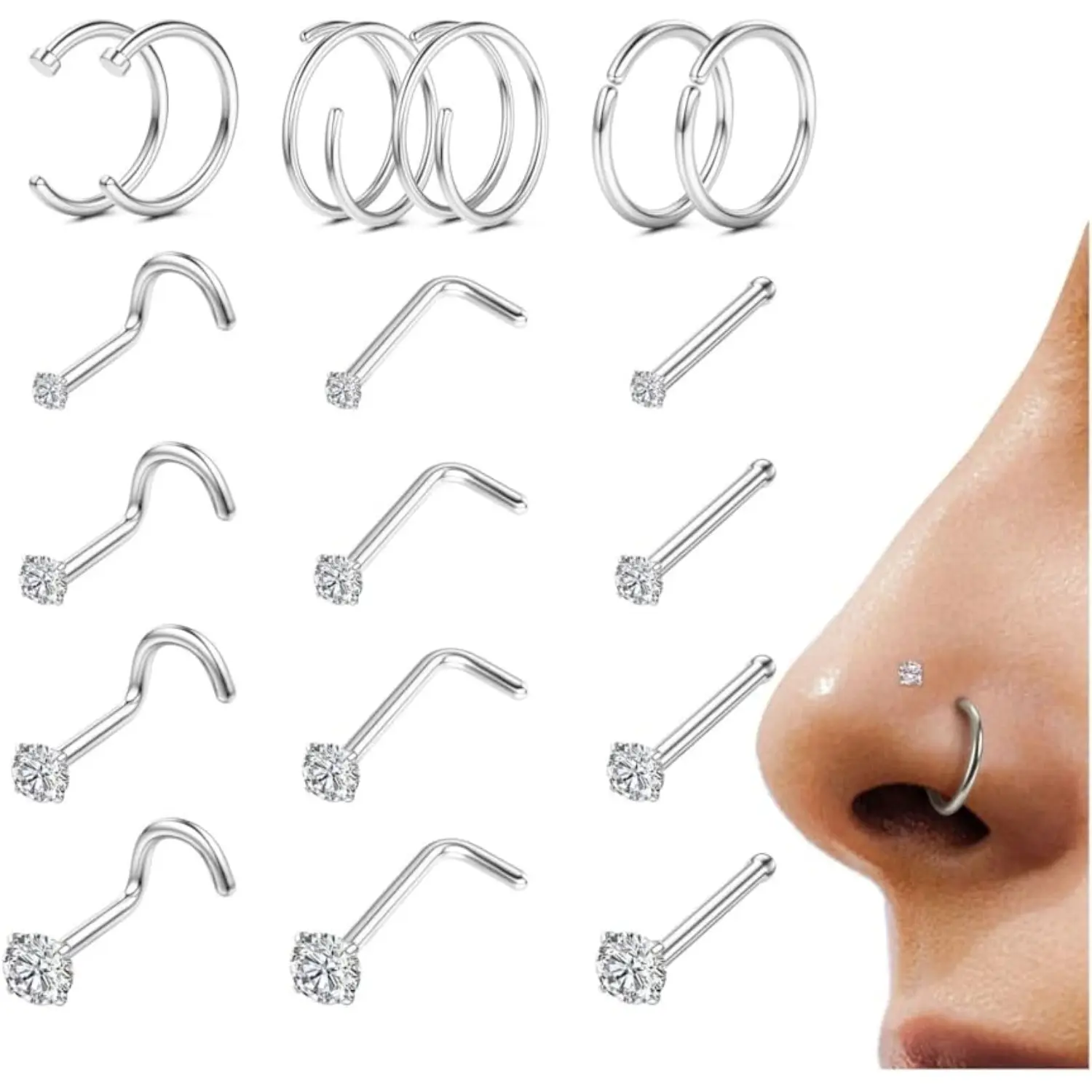 Milacolato 18Pcs Nose Rings Studs - 316L Surgical Steel 14K Plated Gold Nose Studs Double Hoop Nose Ring for Women Men 18G/20G Nose Rings Stud Hypoallergenic Nose/Body Piercing Jewelry 1.5mm 2mm 2.5mm 3mm CZ, Nose Piercings, Daily Wear