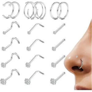Milacolato 18Pcs Nose Rings Studs - 316L Surgical Steel 14K Plated Gold Nose Studs Double Hoop Nose Ring for Women Men 18G/20G Nose Rings Stud Hypoallergenic Nose/Body Piercing Jewelry 1.5mm 2mm 2.5mm 3mm CZ, Nose Piercings, Daily Wear