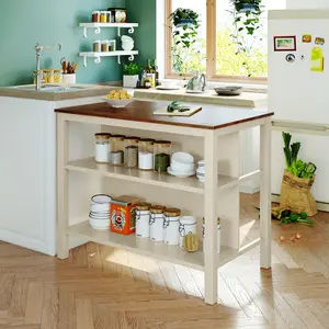 45" Rustic Solid Rubber Wood Stationary Kitchen Island with Butcher Block Top, Open Shelving, Walnut + Cream White Finish for Small Spaces