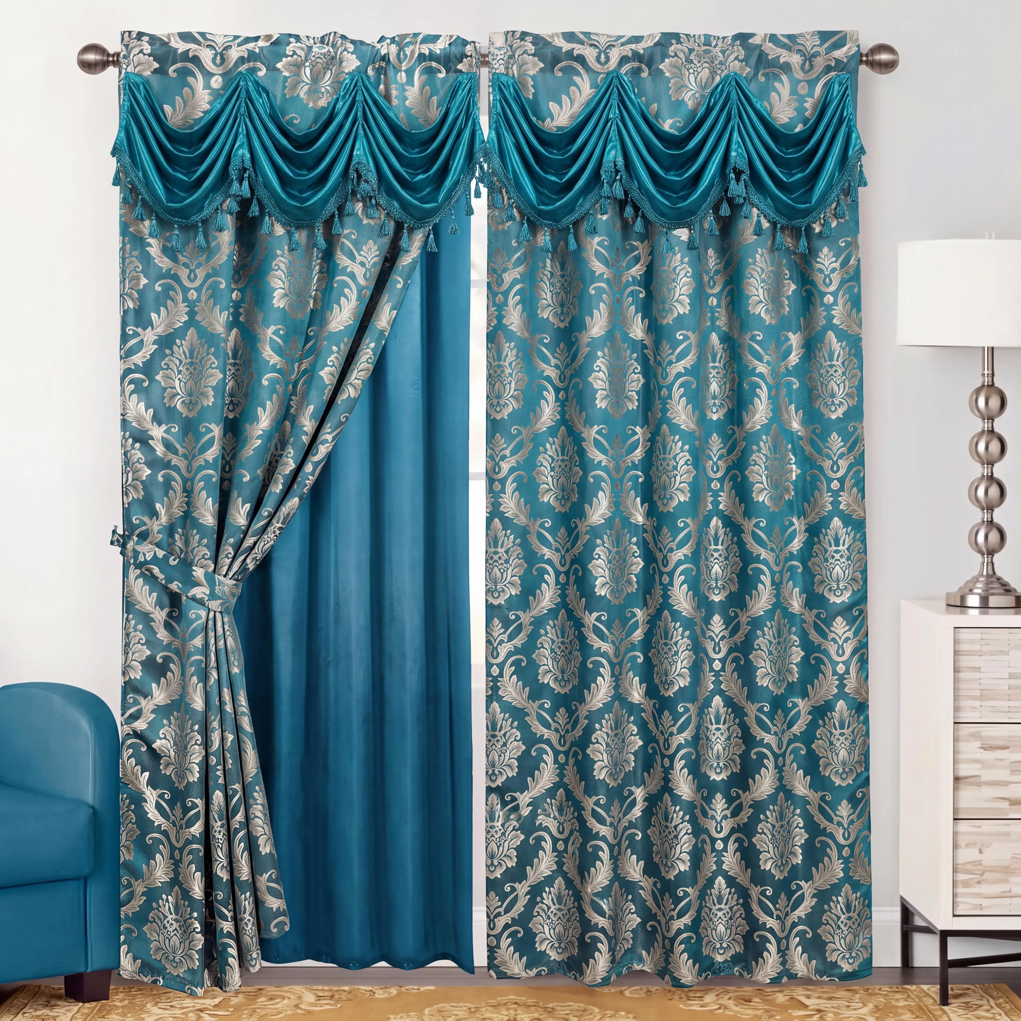 2-Panel Set  Rod Pocket Blackout Curtains, Baroque Damask Jacquard with Attached Waterfall Swag Valance & Textured Fringe Trim, Satin Lined Wrinkle Resistant Privacy Drapes for Formal Living Room, JV1, Black Friday Holiday Home Deals