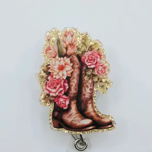 Western Boots with Flowers Cowgirl Gold Glitter Acrylic Retractable Badge ID Reel Belt or Alligator Clip