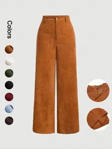 Women's Plain Wide Leg Pants with Pocket & Button-Front Design, Casual High Waist Trousers for Daily Wear, Ladies' Bottoms for All Seasons
