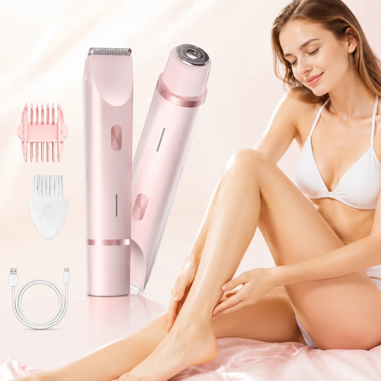 Women's Cordless 2-in-1 Electric Bikini & Facial Trimmer, Dual Head Shaver IPX7 Waterproof Wet Dry for Sensitive Skin, Rechargeable Hair Remover for Face Underarms Bikini Line, Great Gift for Best Friend Birthday