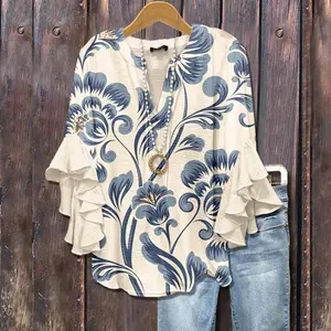 Retro Floral Print Layered Ruffle Sleeve Top Going Outfits Blouses Women Vintage 90s Tops Funny Shirts Women Elegant Classy Tops cute summer outfit Spring Womenswear