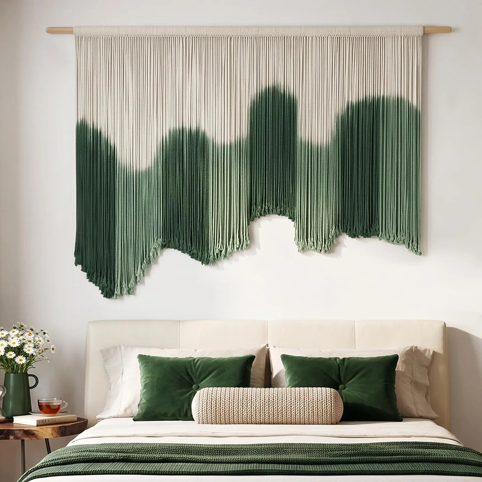 Tempospark Handmade Large Macrame Wall Hanging, Green Dip-Dyed Cotton Boho Wall Tapestry 59"W x39"L, Easy Install Wall Art for Above Bed, Bedroom, Living Room & Apartment Entryways