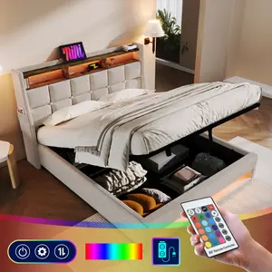 Soft padded platform bed with hydraulic storage system, LED and USB charging, natural (without mattress)