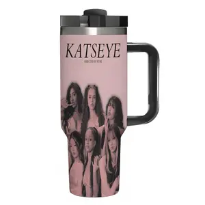 KATSEYE Official Group Photo 40oz Insulated Tumbler Travel Mug with Handle - Pink Monochrome Design, Double-Walled Vacuum Insulation, Car-Friendly & Leak-Proof, Perfect Gift for Eyekons