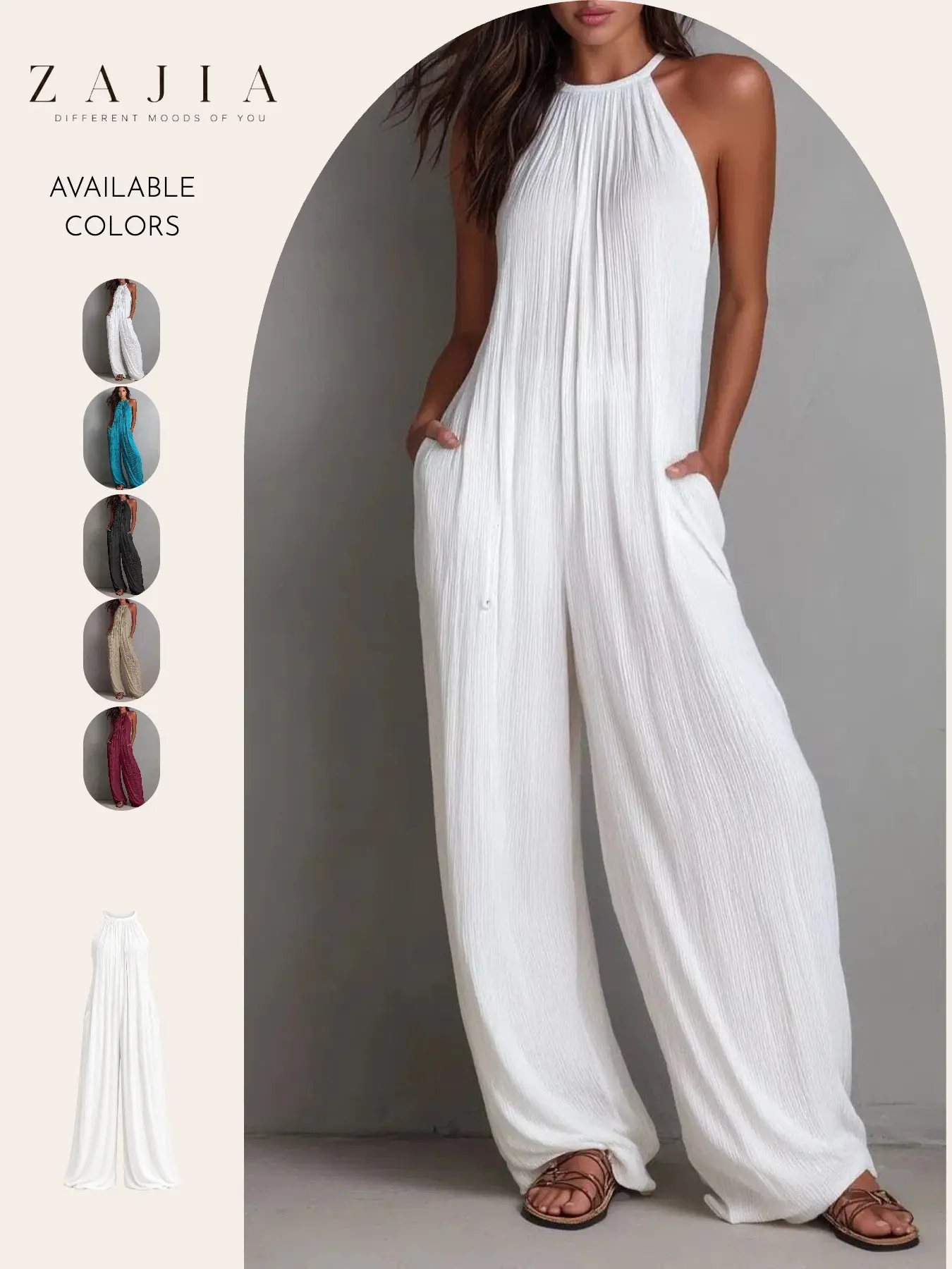Women’s Boho Chic Halter Wide-Leg Bohemian Jumpsuit, Sleeveless Flowy One-Piece with Pockets, Casual Vacation Jumpsuit for All Seasons