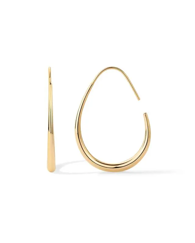 14K Gold Plated 925 Sterling Silver Post Lightweight Teardrop Hoop Earrings for Women - Oval Pull-Through Statement Earrings