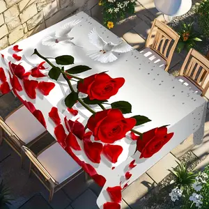 1 Piece of Red Rose and White Dove Patterned Crystal Background Rectangular Tablecloth - Made of Durable Polyester Fabric for Indoor and Outdoor Use, Suitable for Weddings, Parties, Picnics, and Home Kitchen and Restaurant Decoration