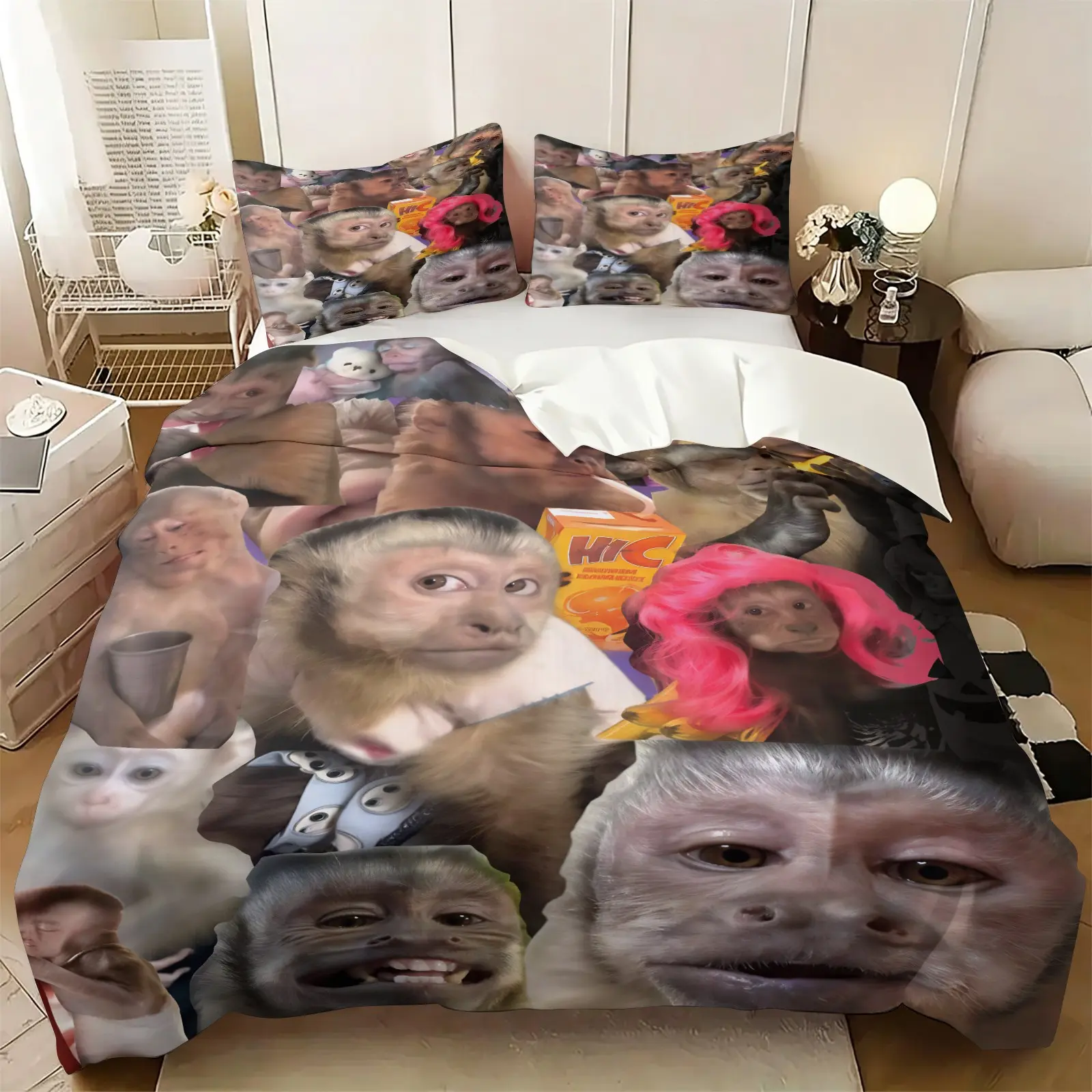2/3-Piece Trendy Funny Monkey Meme Prints Comfy Bedding Set — Viral Weirdcore Monkey-Face Collage Decorative Duvet Cover Set — Aesthetic Appeal Bedroom Decor, Soft, Comfortable & Fun Touch (1 Comforter Cover + 1 or 2 Pillowcases)