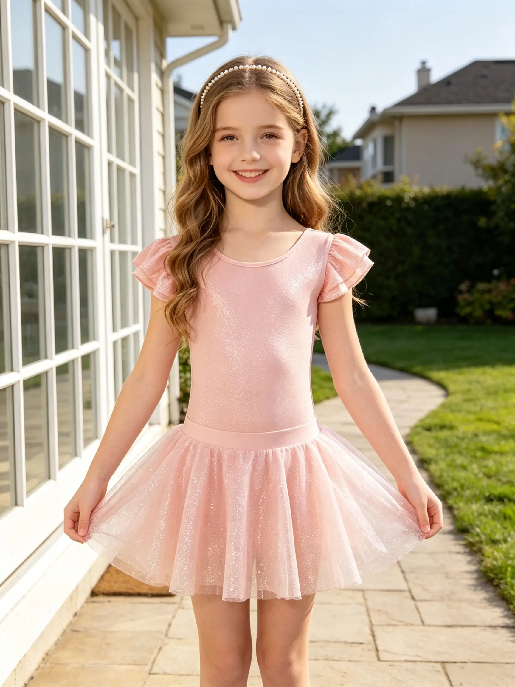 Girls' 2-Piece Polyester Ballet Wear Set - Soft, Stretchy, Snug Fit, Round Neck, Short Sleeves for Dance Class, Recitals | Toddler Princess Floral Tulle Dress, Kids' Clothing