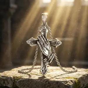 Timeless Stainless Steel Praying Hands Cross Necklace - Waterproof Non-fading Silver Jewelry Perfect for All Occasions!