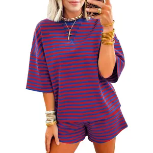 Znacicc Women's Preppy Navy Blue Stripe 2-Piece Ribbed Cotton Clothes Set - Chest Embroidery, Short & Top Set for Loungewear, Casual Summer Outfits