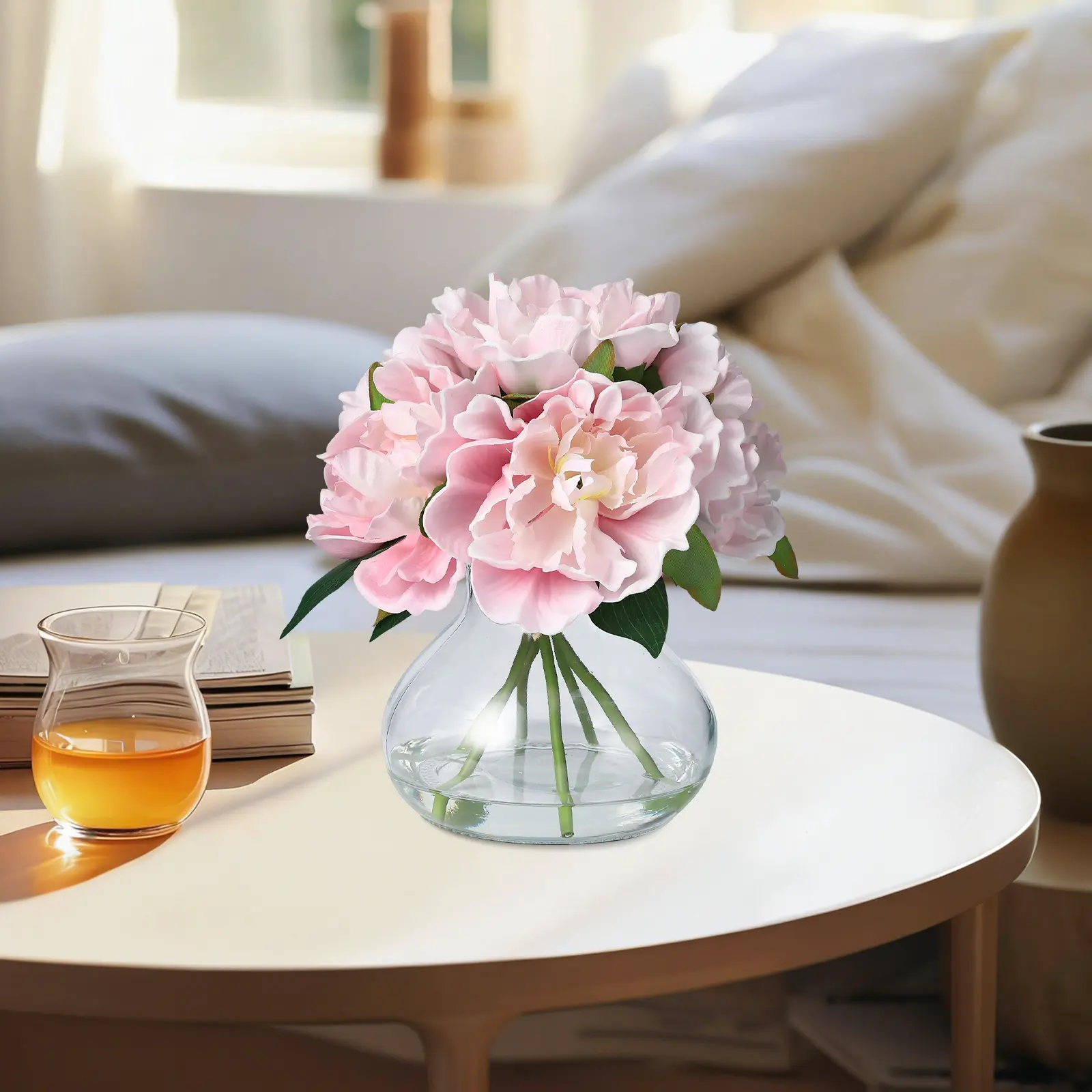 【GARVEE】Pink PU & Silk Peonies in Glass Vase – Faux Flower Arrangement with Faux Water for Home Decor
