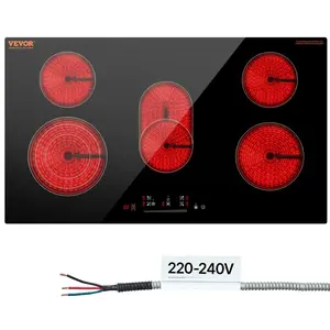 VEVOR Electric Cooktop, TikTokShopBlackFriday, 36 inch 5 Burners Built-in Electric Stove Top, 8600W Ceramic Top Radiant Cooktop with Glass Panel, Touch Control, Timer, Child Lock, 9 Heat Level, 220-240V, Hard Wire (No Plug)