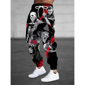 Red & Black 3D Horror-Themed Print Drawstring Joggers - Casual & Sporty Polyester Sweatpants with Pockets, Machine Washable