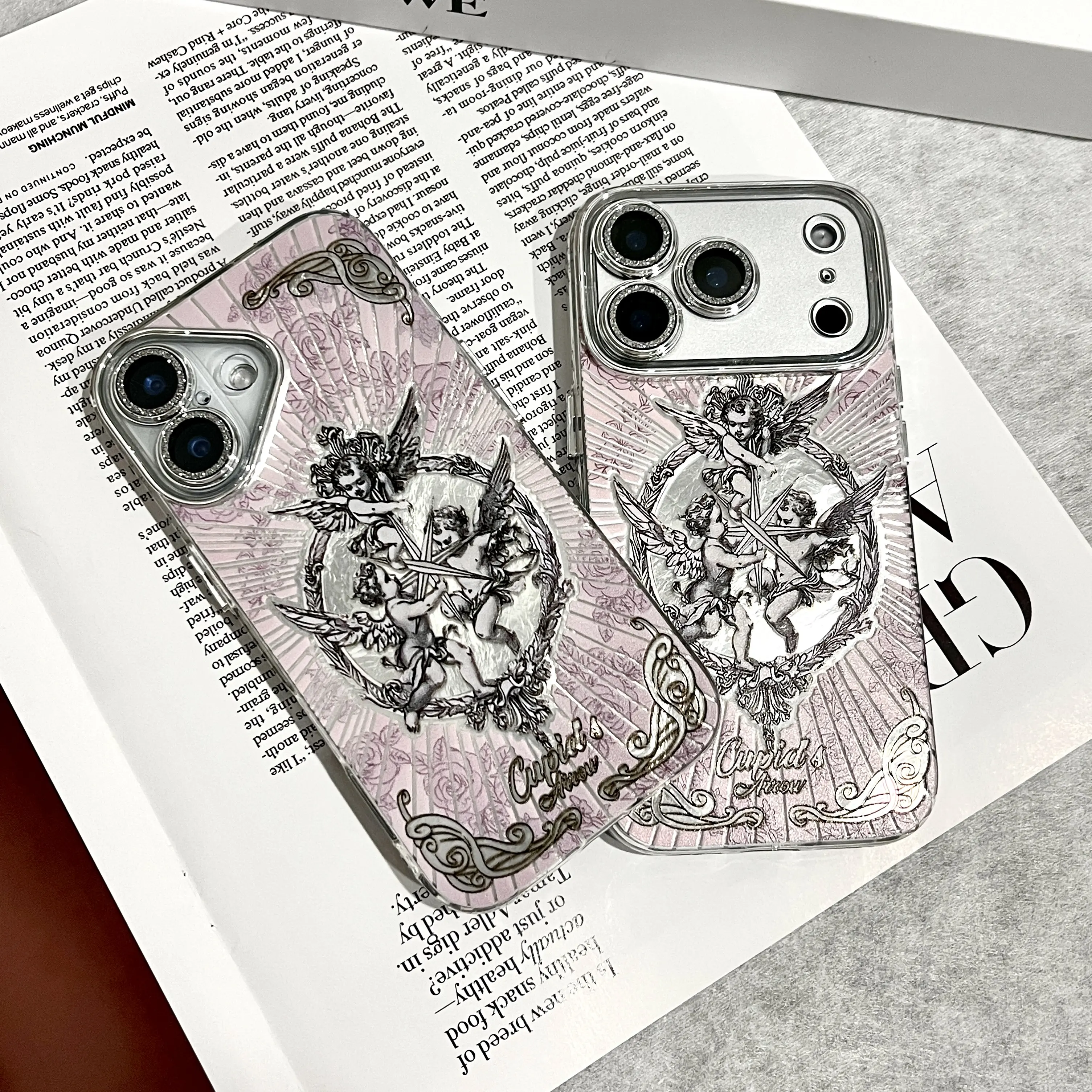 Vintage Cherub Archer Phone Case, Pink Silver Baroque Angel Art Clear Full Coverage for iPhone 17 16 15 14 13 12 11 X Plus Pro Max, Valentine Gift