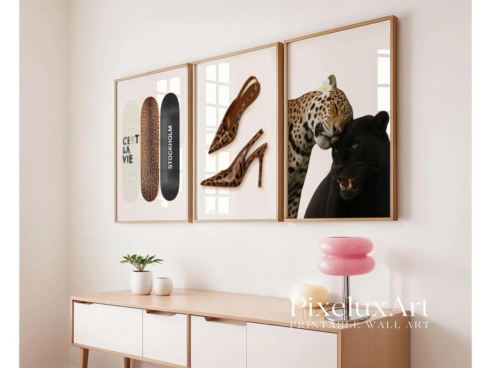 Retro Leopard Panther Wall Art Set of 3 - Y2K Stockholm Style Printable Decor, Aesthetic Fashion Skateboard & Leopad Heels Poster