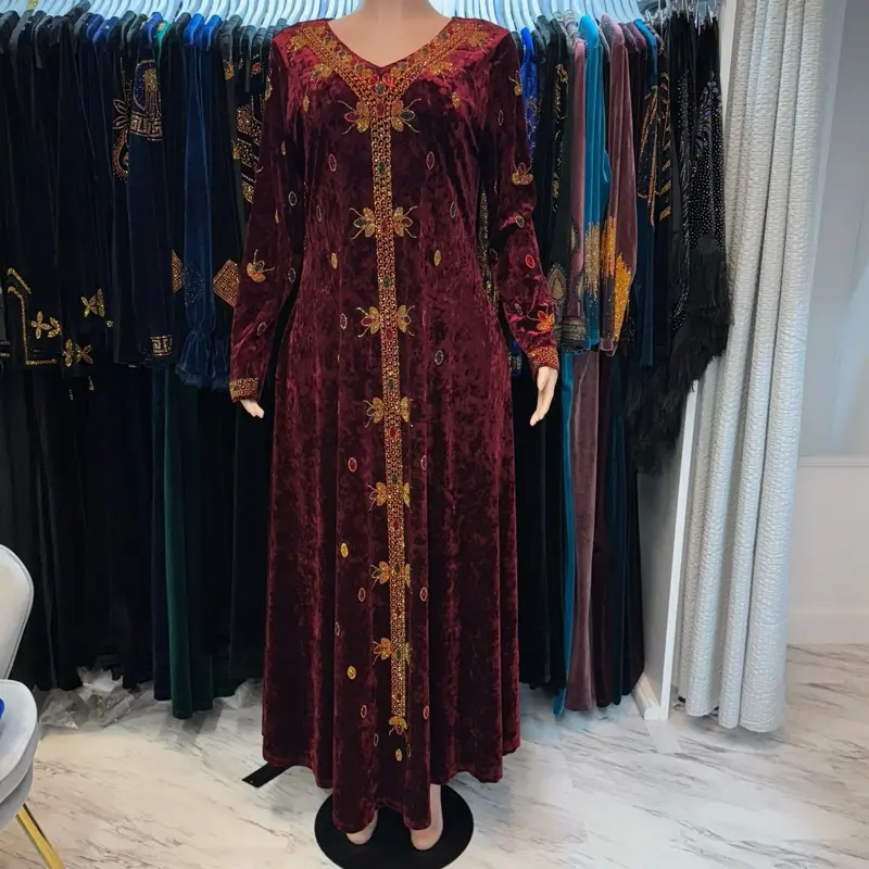 velvet colorful rhinestoned v neck dress with pockets five colors