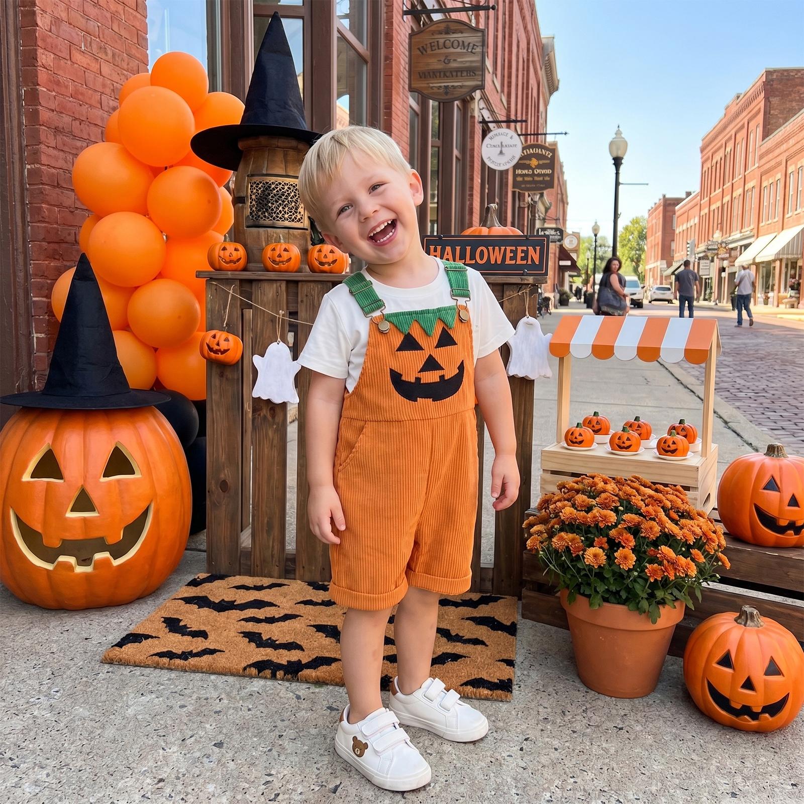 Toddler Corduroy Overalls with Suspenders, Pockets, 2 Ghost/Pumpkin Motifs - Soft Thick Wale, Boy Jumpsuit for Family Gathering, Kindergarten Party Costume Toddler Corduroy Overalls with Suspenders, Pockets, 2 Ghost/Pumpkin Motifs - Soft Thick Wale, Boy Jumpsuit for Family Gathering, Kindergarten Party Costume