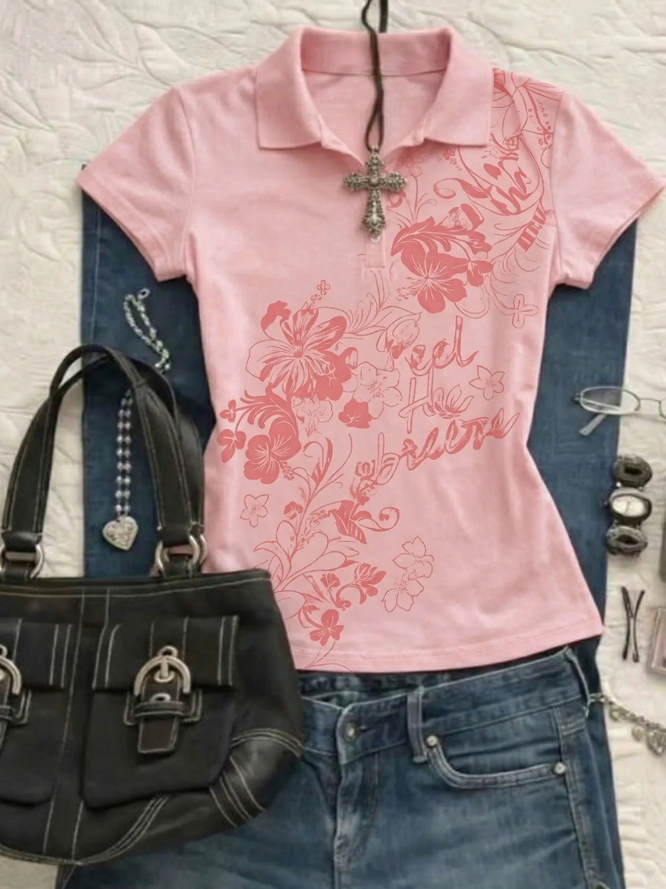 Summer Women's Elegant Lapel Polo Shirt, Fresh Floral Print, Casual Everyday Daily Wear, Short Sleeve Top, Comfortable and Stylish, Casual Polo Shirts