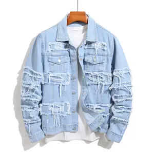 Stylish Street Men Distressed Stacked Splicing Slim Denim Jacket Ripped Male Casual Jean Jacket Coat Menswear Tops Long Sleeve Beige Collar Collared Plain  jackets jackets Pockets