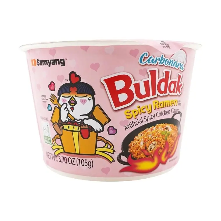 Samyang Buldak Creamy Carbonara Spicy Chicken Korean Ramen Noodles - Cheesy Asian Noodles, Savory Instant Pack, Ambient Pantry Food for Adults, Lead-Free Snack with Rich Flavor