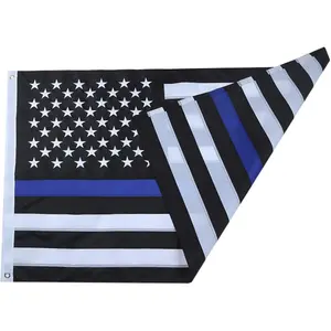 Thin Blue Line 3x5 FT Heavy Duty Police Flag, Black & Blue with Embroidered Stars, Sewn Stripes, Brass Grommets, UV Protection, Lightweight Gift.
