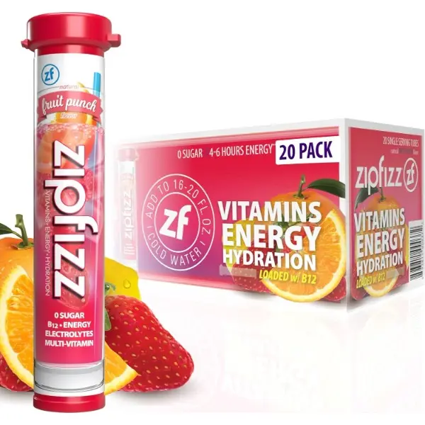 Clean, Sugar-Free, Low-Sugar Fruit-Flavored Sport Energy Drink Powder 20-Pack - Portable 3-In-1 Natural Electrolytes Powder with Potassium Bicarbonate, B12 (Cyanocobalamin), Vitamin C, Caffeine, Antioxidants for Rapid Hydration, 4-6Hr Sustained Energy