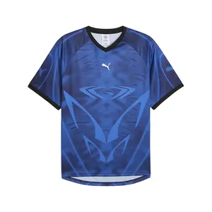 PUMA Mens Pumatech-X All Over Print Relaxed V-Neck Short Sleeve Jersey Casual - Blue