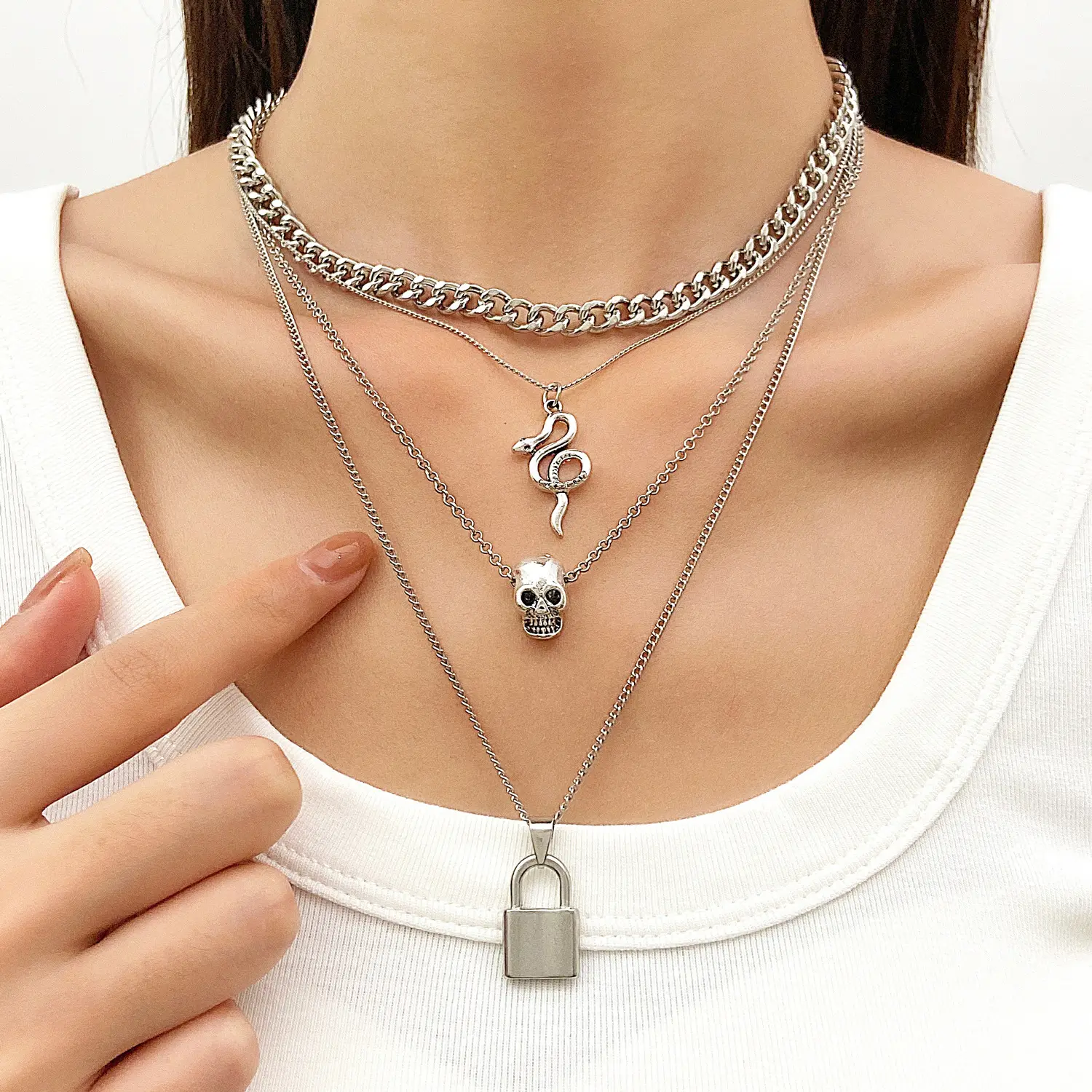 Fashionable multi-layer temperament thick chain element necklace retro creative skull snake lock necklace personality trend