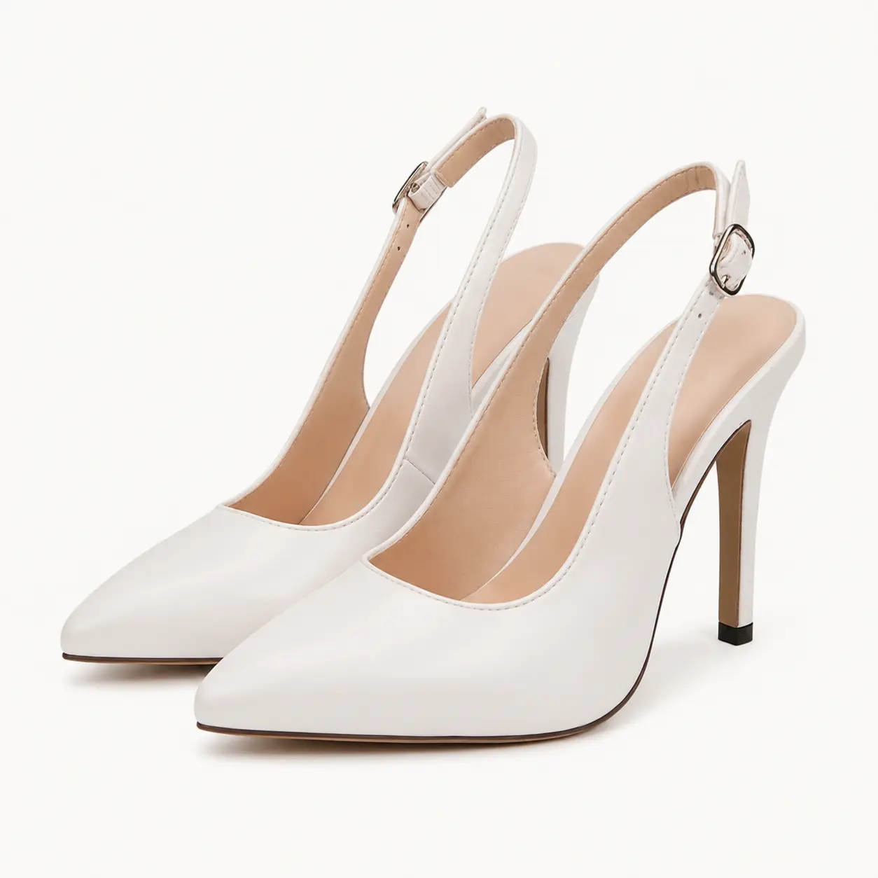 GeeYea women’s White Slingback Stiletto Heels, Pointed Toe High Heel Shoes with Adjustable Buckle Strap, PU Leather Upper & PVC Sole, Elegant Wedding, Date Night, Party & Formal Shoes