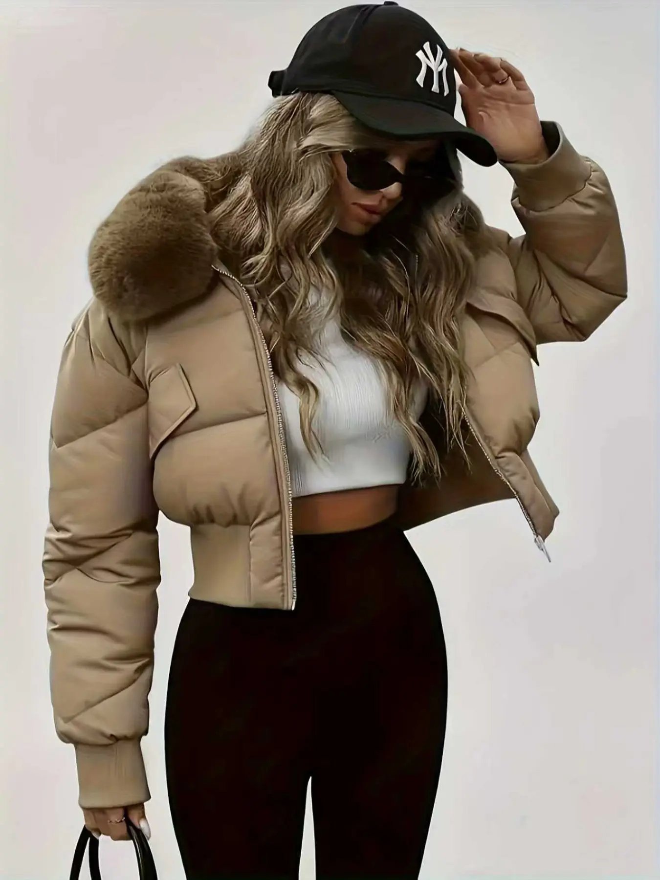 Women's Thickened Down Jacket, Inner Lined Collar & Waist Pockets, Winter Warm Coat, Short Sleeve Basic Casual Elegant Outerwear Womenswear