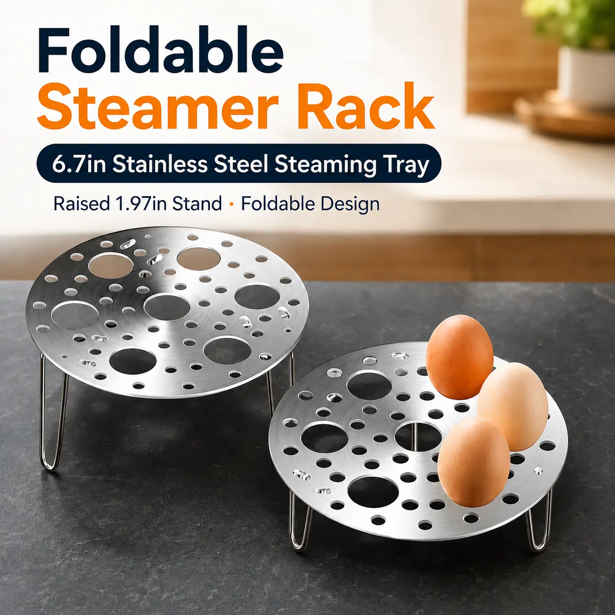 Stainless Steel Foldable Steamer Rack for Pot, 6.7in Steaming Tray Insert with Raised Legs for Eggs, Fish, Buns & Vegetables, Multipurpose Pot Steaming Tray for Rice Cookers & Kitchen Cooking