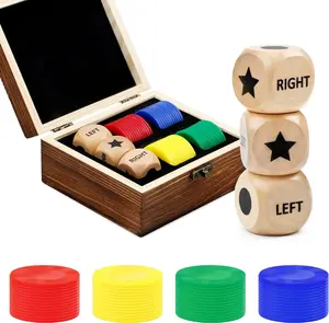 3+48 Pcs Left Right and Center Game Dice, 3Pcs Wood Left Right and Center Game Dice with 48Pcs 4 Color Chips, Storage Box, Family Fun Elevated