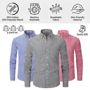 【3PCS】Men's plaid shirt; casual daily breathable long-sleeved stretch button-down collar men's coat. camisas  mangalarga  para  hombres
