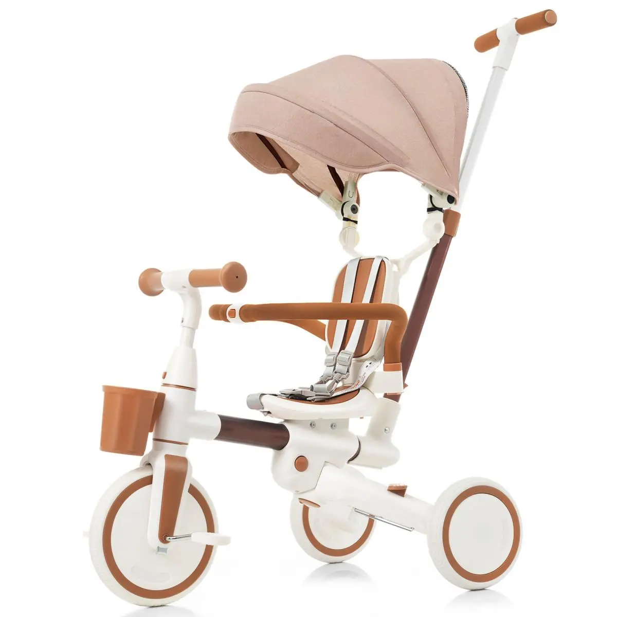 7 in 1 Baby Tricycle, Toddler Tricycle with Removable and Adjustable Push Rod, Toddler Push Bike with Removable Pedal, Canopy, and Guardrail, Tricycle for 18-72 Months, ivory and brown