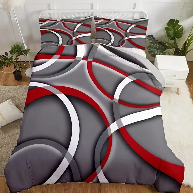 3-piece modern geometric print Decorative bedding set, including 1 duvet cover and 2 pillowcases (excluding filling), featuring gray and red spiral circles. Suitable for year-round use, perfect for decorating bedrooms and guest rooms Comfy Bed Sets