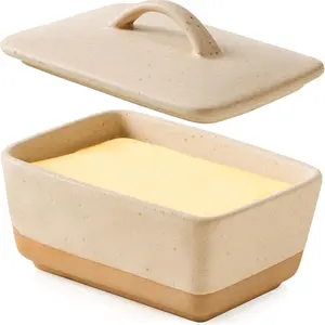 Ceramic Butter Dish with Lid, Vintage European Style, Kitchen Countertop Holder, Holds 1 Stick of Butter, Cheese Color, Uniform Size