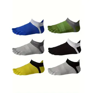 [6 Pairs Breathable Sport Socks] 6 Pairs Lightweight Breathable Five Finger Sport Socks| Toe-Separating Mesh Design for Hiking, Running, Outdoor Activities| Solid Color Assortment (Blue/Green/Grey/Black/Yellow/White) - Spring Summer Fall, Hiking Socks| Mi