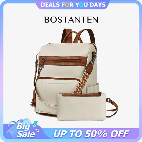 BOSTANTEN Women's Basic Casual Leather 2-Piece Backpack Purse Set - Large Computer Bag with Wristlet for School, Bags for Women,sohochic