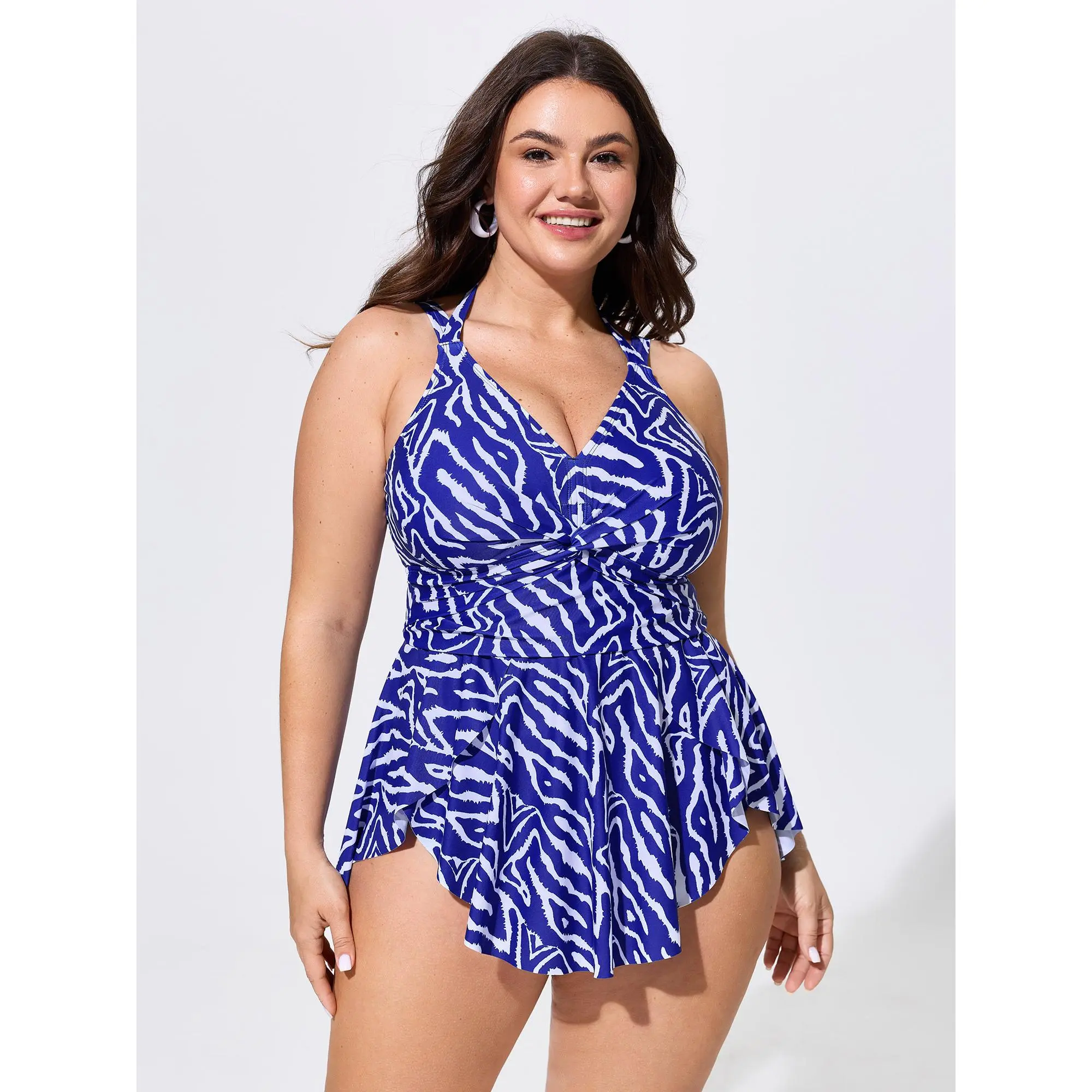 BLOOMCHIC Plus Size Geometric Print Halter Neck Tunic Swim Dress - Lace Up, Adjustable Strap, Polyester Elastane Stretch Fabric, M-6X Sizes, Cold & Machine Washable 2026 Summer Swimwear, Female Swim, Hip-Flattering, Cold Wash, No-Pocket, Extended Size Swi