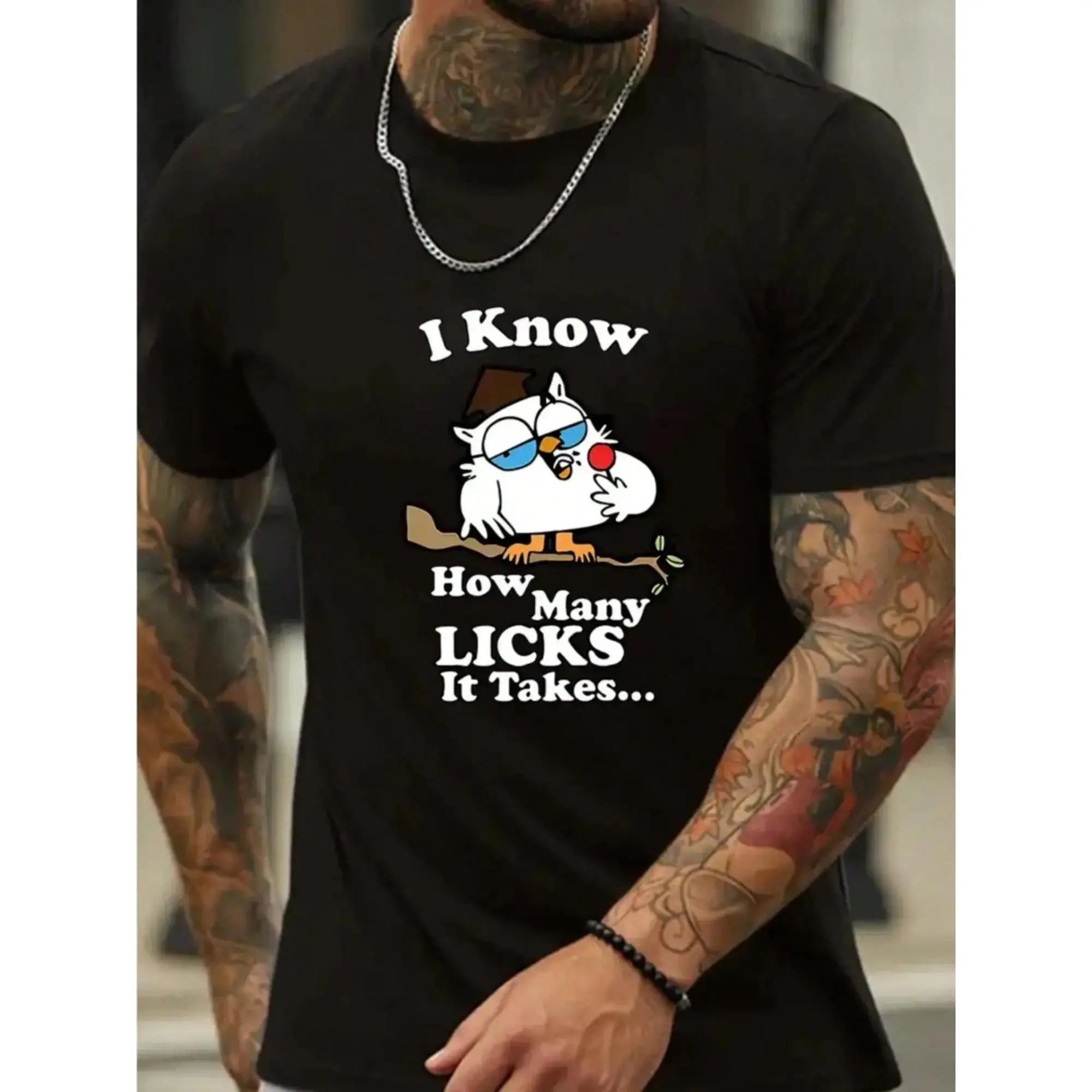I Know How Many Licks It Takes Letters And Cartoon Owl Print Crew-Neck Men's Short-Sleeved T-Shirt, Slightly Stretchy, Casual And Comfortable Top, Perfect For Outdoor Fitness And Everyday Wear