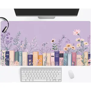 Floral & Bookshelf Pattern Mouse Pad, Large Mouse Pad with Stitched Edges, Non-slip Waterproof Rubber Base Desk Mat for Office and Home, Office Desk Accessories, Corporate Work Desk Accessories, Office Stationery Supplies