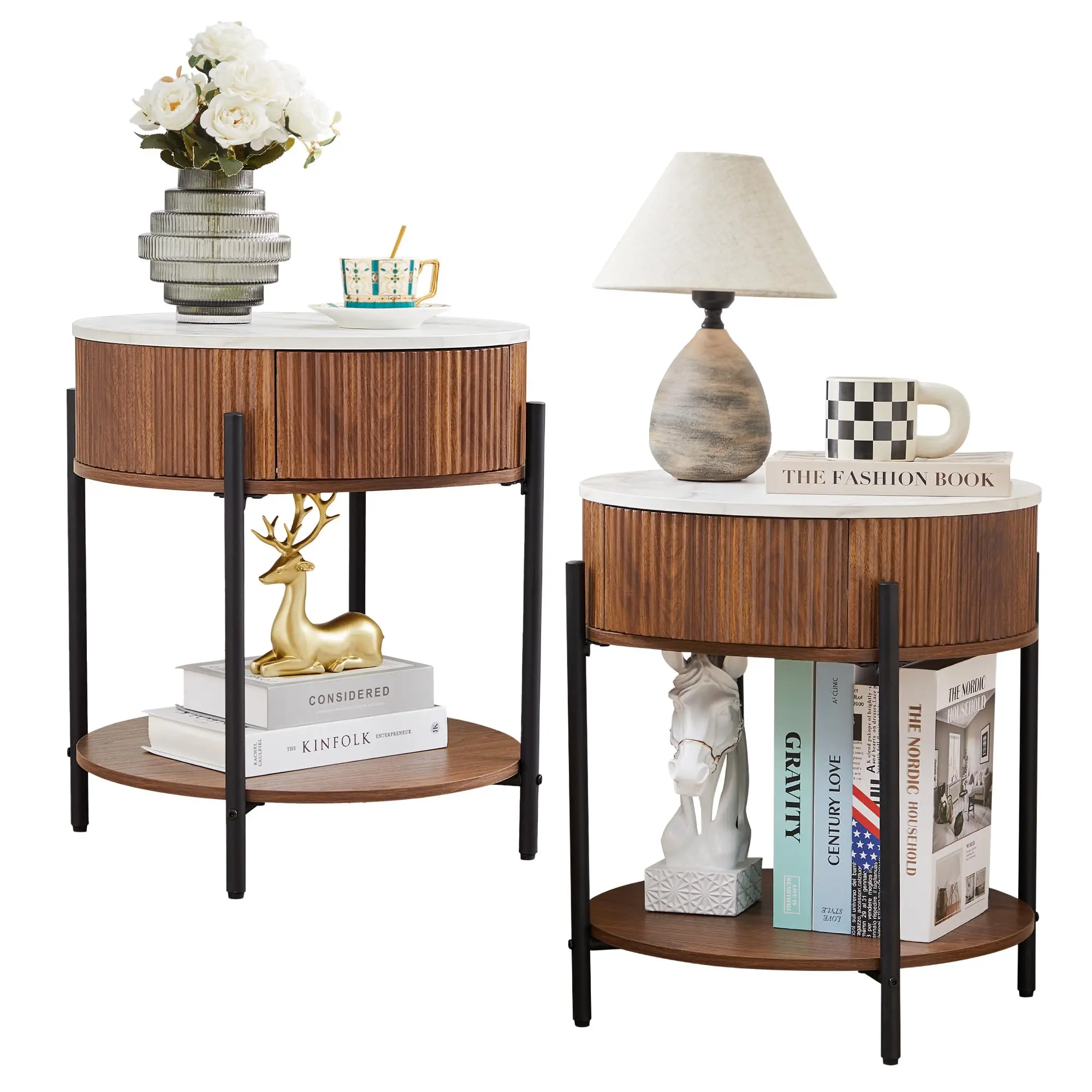 Giratree 18” Small Round Side Table with Fluted Drawer – 2 Tier Faux Marble Nightstand with Metal Legs