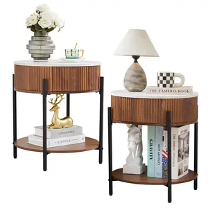 Giratree 18” Small Round Side Table with Fluted Drawer – 2 Tier Faux Marble Nightstand with Metal Legs